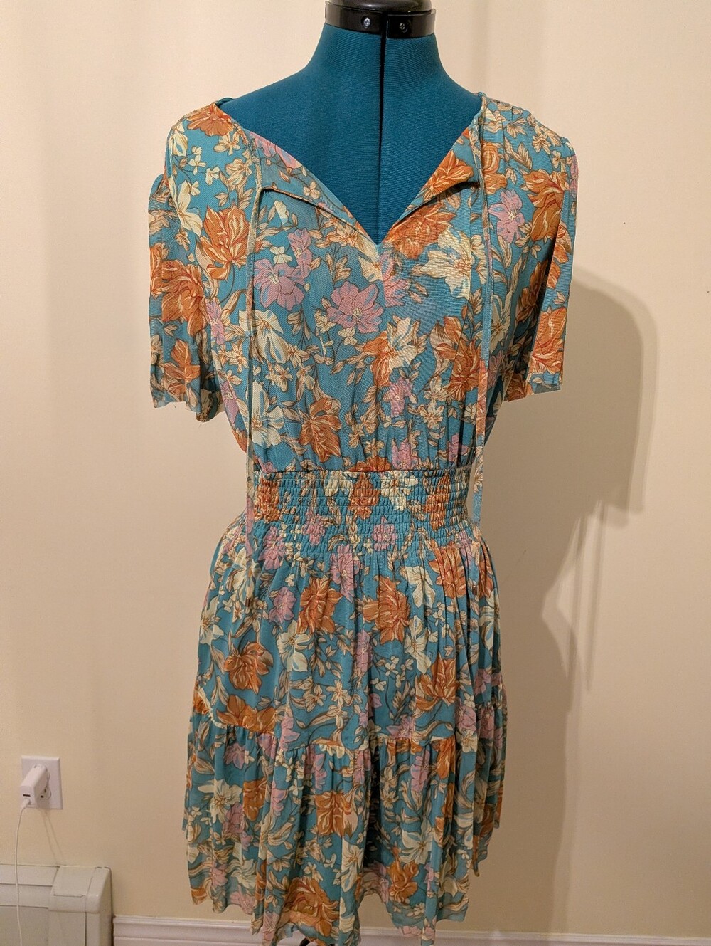 Rachel Zoe Teal Floral Short-Sleeve Smocked Waist Dress